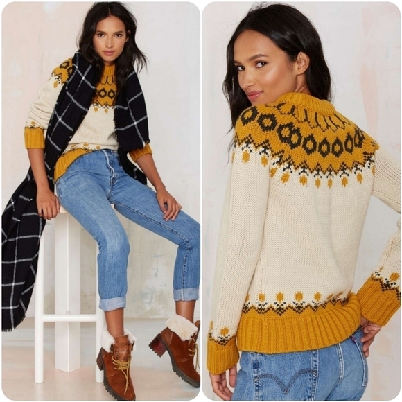 Nasty Gal J.O.A. Malia Mock Neck Sweater JOA Chunky Knit Fair Isle - Picture 2 of 16